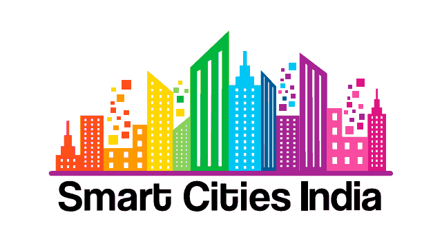 Smart cities india text and building